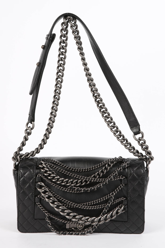 2010s Chanel Black Leather Enchained Medium Boy Bag