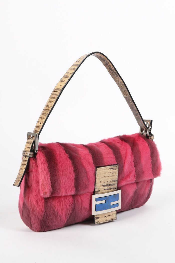 RARE Fendi Pink Fur and Lizard Leather Baguette Bag