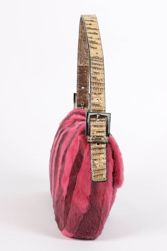 RARE Fendi Pink Fur and Lizard Leather Baguette Bag