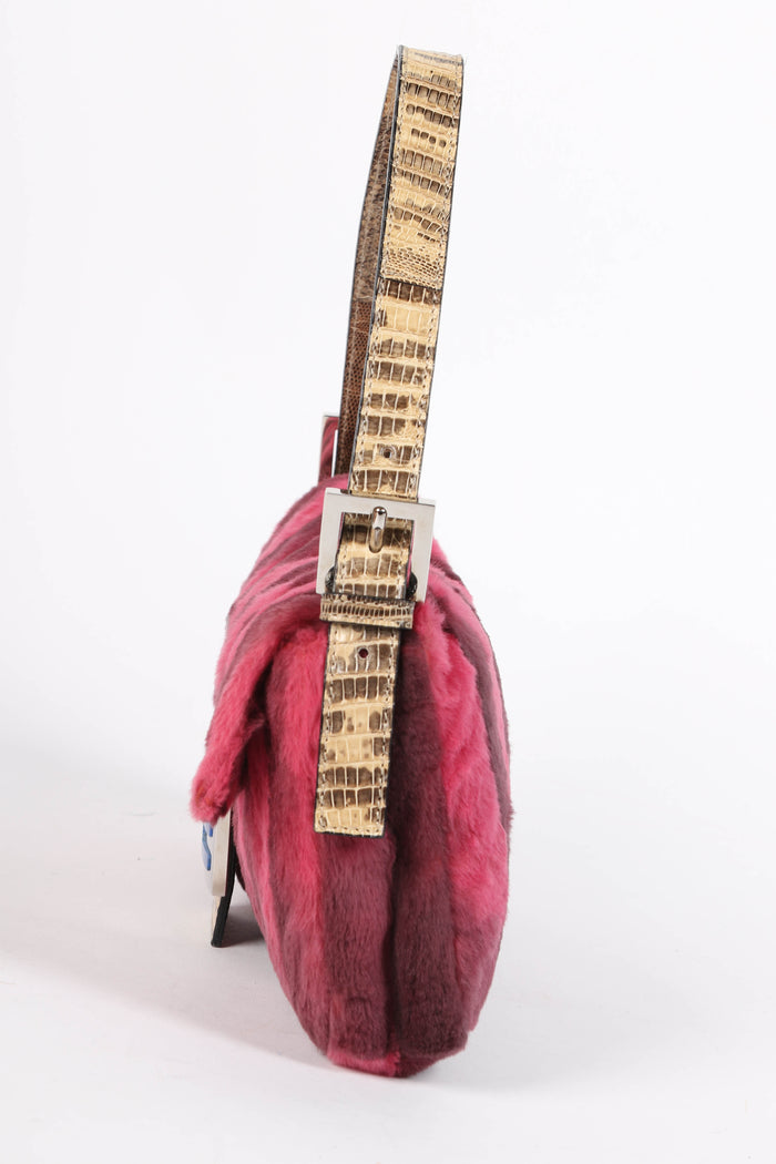 RARE Fendi Pink Fur and Lizard Leather Baguette Bag