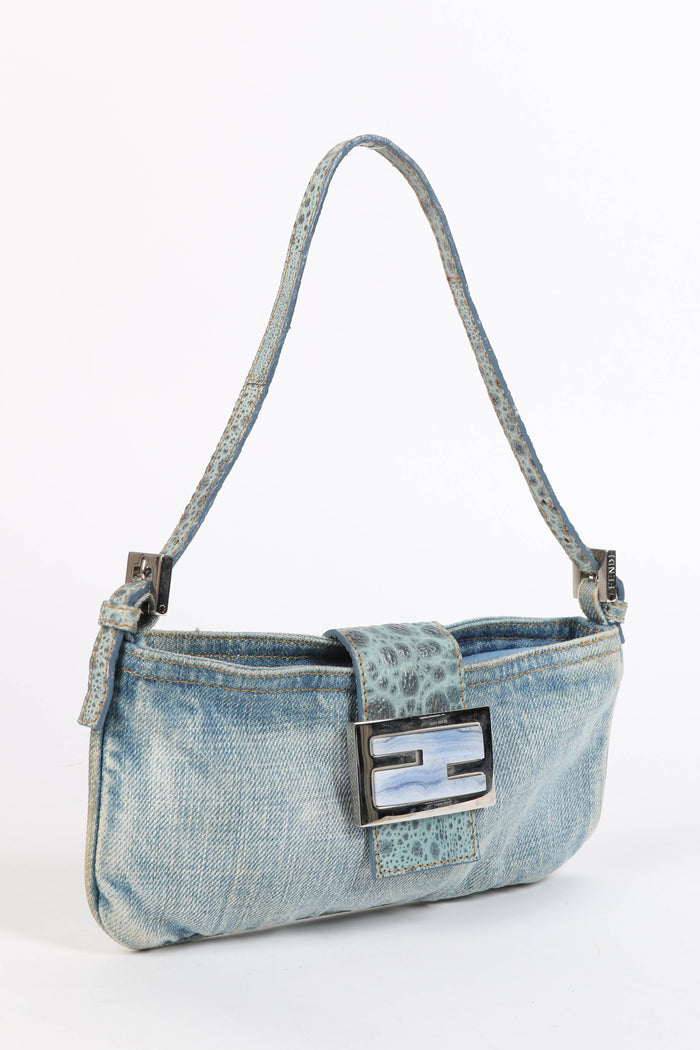 RARE Vintage Fendi Denim and Leather Shoulder Bag