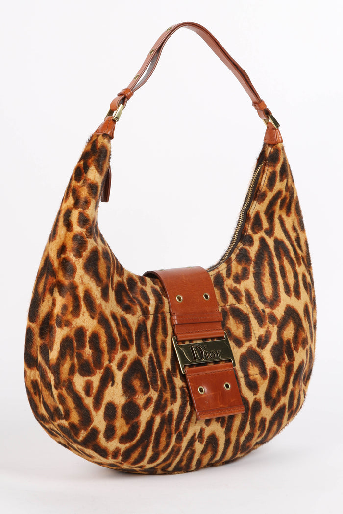 2000s Christian Dior Leopard Print Pony Hair Street Chic Hobo Shoulder Bag