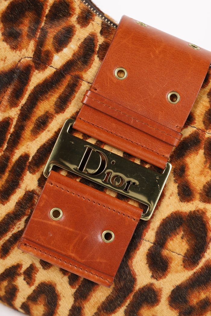 2000s Christian Dior Leopard Print Pony Hair Street Chic Hobo Shoulder Bag