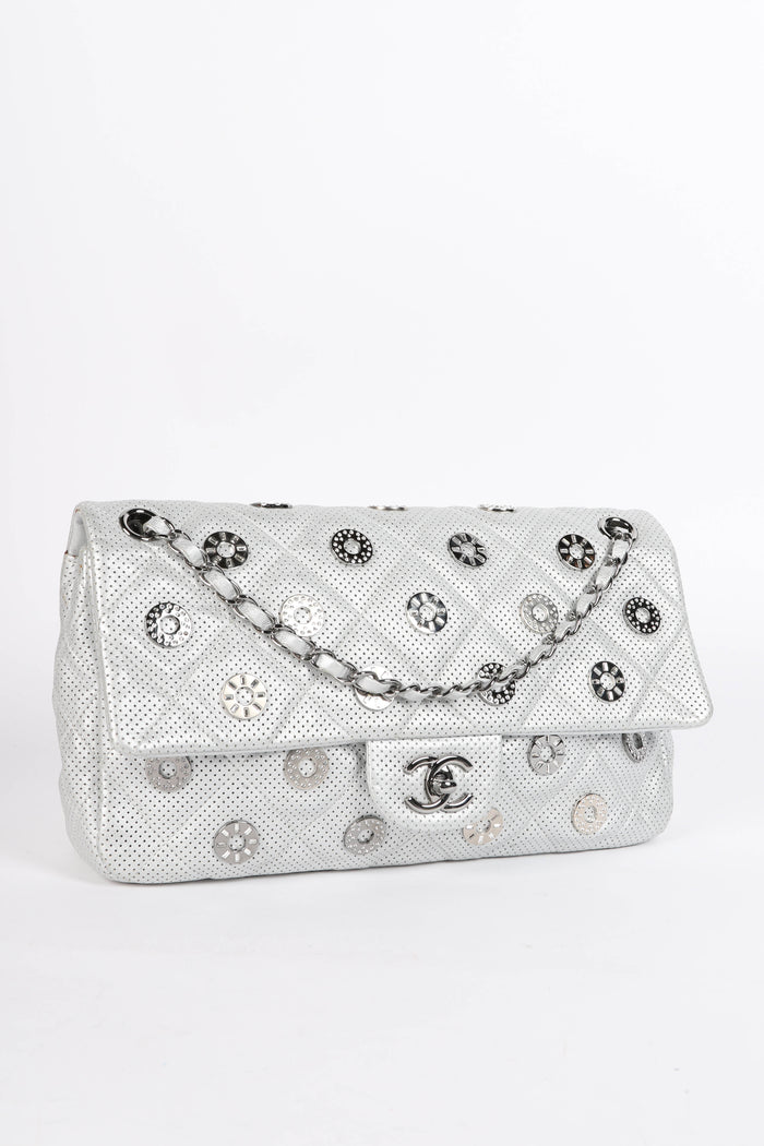 RARE 2010s Chanel Paris-Dubai Silver Perforated Jumbo Flap Shoulder Bag
