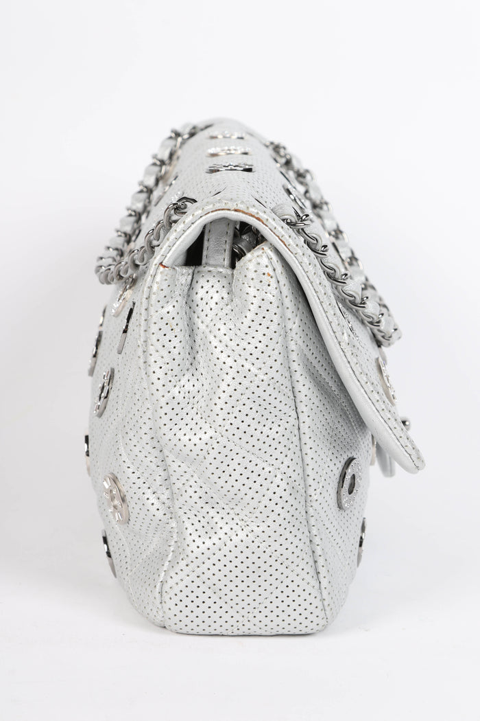 RARE 2010s Chanel Paris-Dubai Silver Perforated Jumbo Flap Shoulder Bag