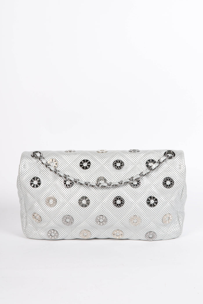 RARE 2010s Chanel Paris-Dubai Silver Perforated Jumbo Flap Shoulder Bag