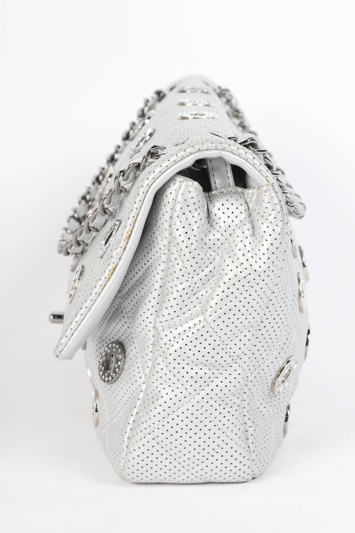 RARE 2010s Chanel Paris-Dubai Silver Perforated Jumbo Flap Shoulder Bag