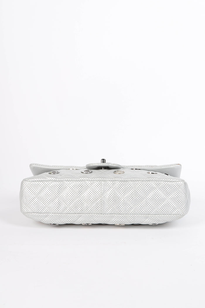 RARE 2010s Chanel Paris-Dubai Silver Perforated Jumbo Flap Shoulder Bag