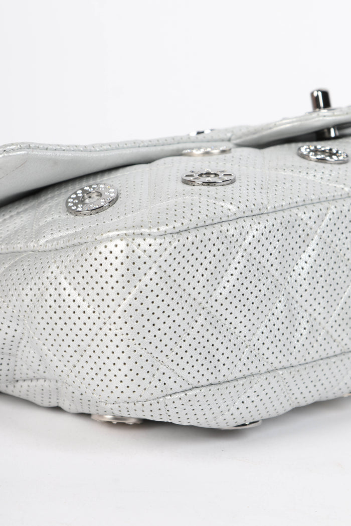 RARE 2010s Chanel Paris-Dubai Silver Perforated Jumbo Flap Shoulder Bag