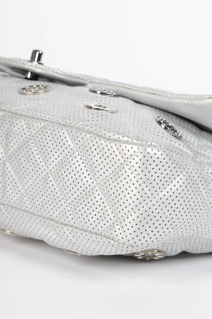 RARE 2010s Chanel Paris-Dubai Silver Perforated Jumbo Flap Shoulder Bag
