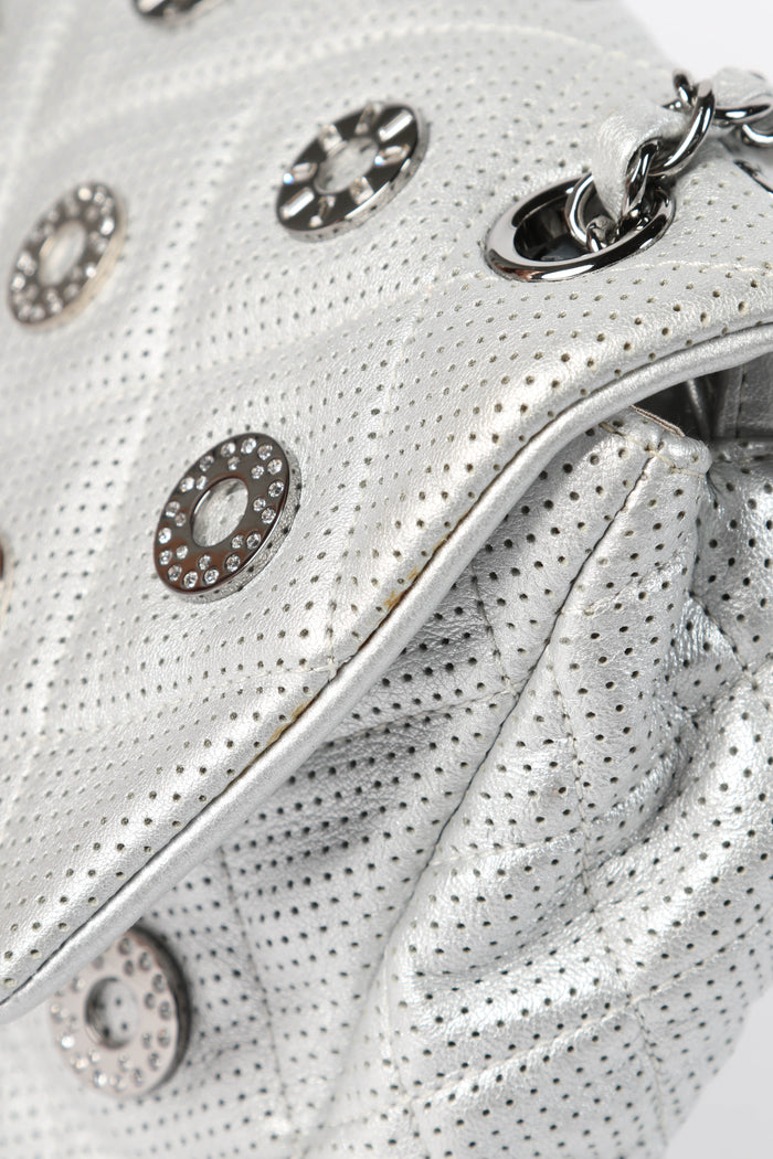 RARE 2010s Chanel Paris-Dubai Silver Perforated Jumbo Flap Shoulder Bag
