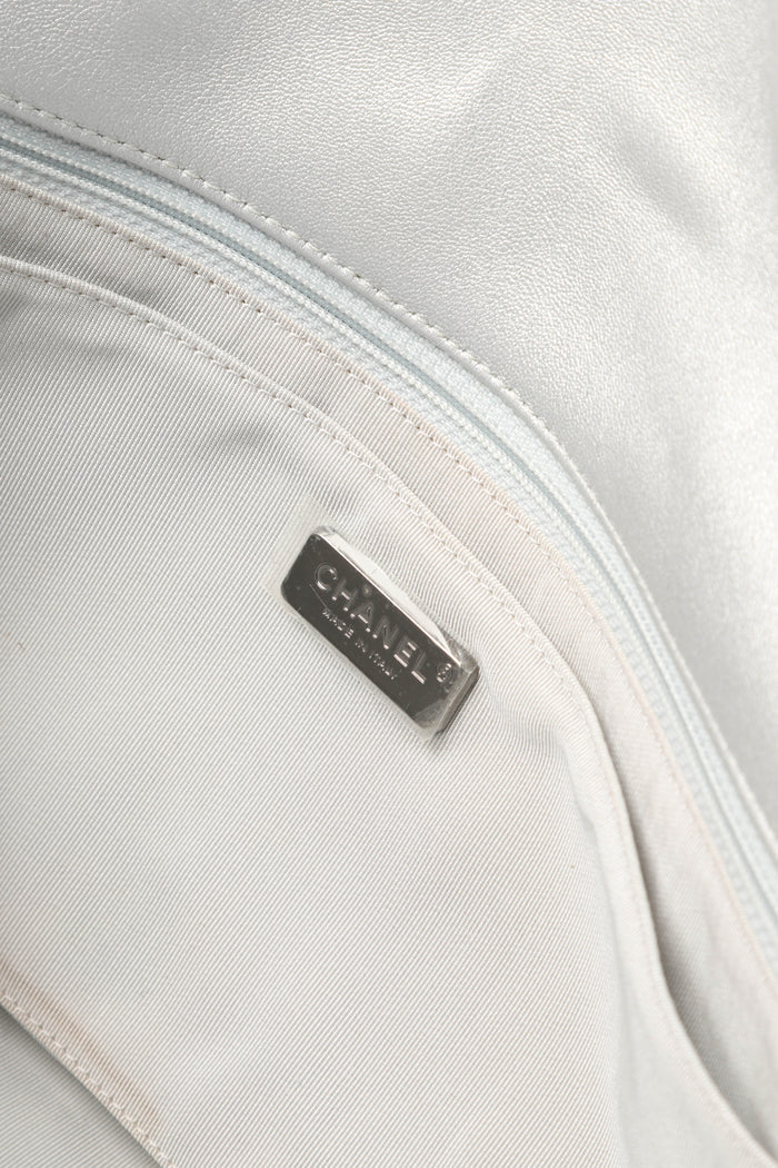 RARE 2010s Chanel Paris-Dubai Silver Perforated Jumbo Flap Shoulder Bag
