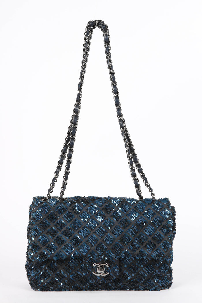 2010s Chanel Blue Sequin Single Flap Shoulder Bag