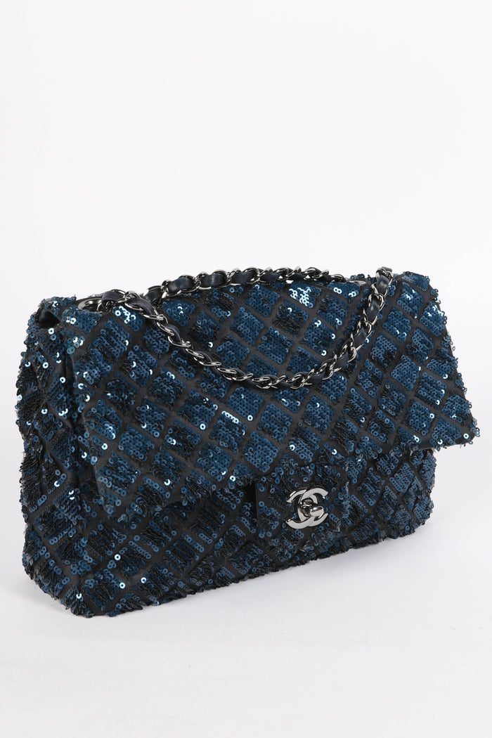 2010s Chanel Blue Sequin Single Flap Shoulder Bag
