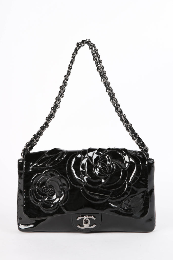 2000s Chanel Black Lambskin Leather Camellia Large Accordion Shoulder Bag