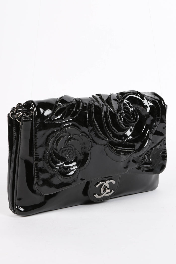 2000s Chanel Black Lambskin Leather Camellia Large Accordion Shoulder Bag
