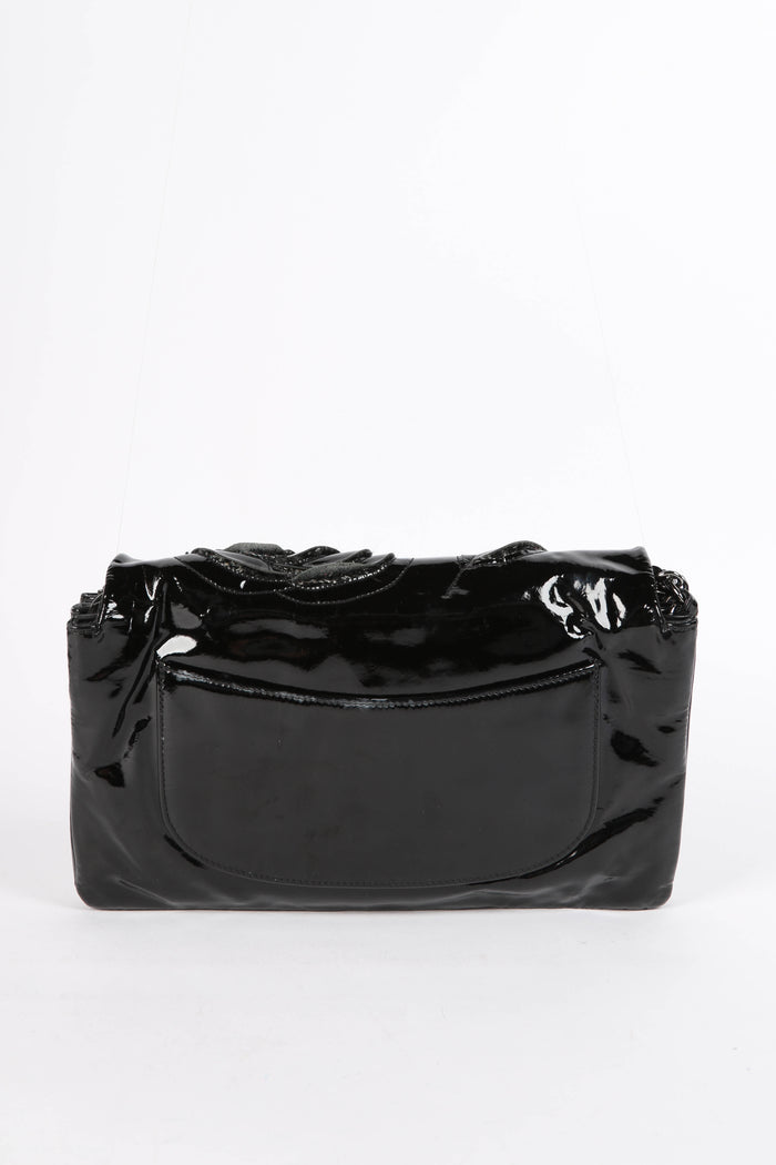 2000s Chanel Black Lambskin Leather Camellia Large Accordion Shoulder Bag