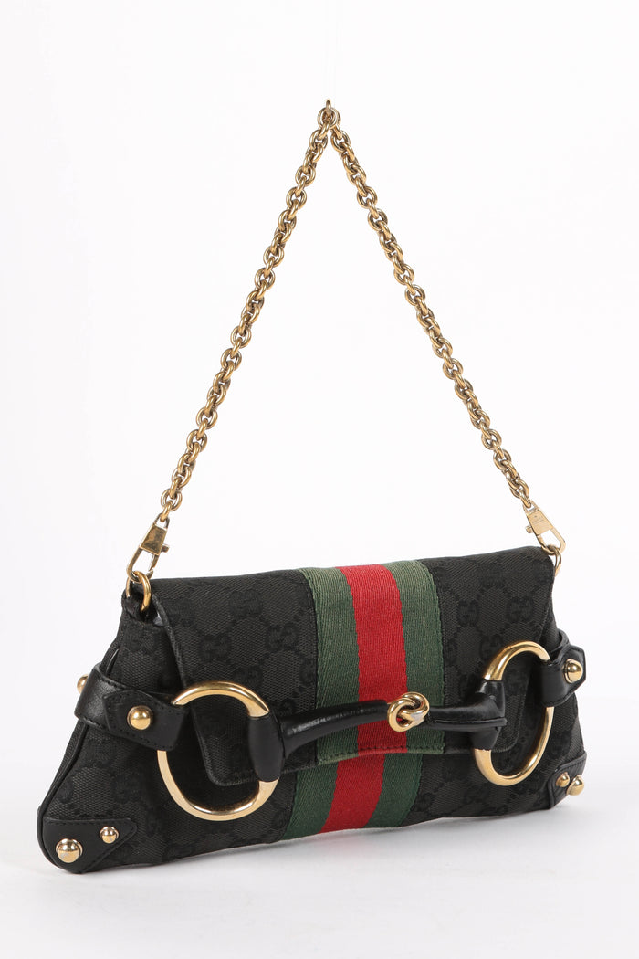 Vintage Gucci Black GG Monogram Horsebit Shoulder Bag