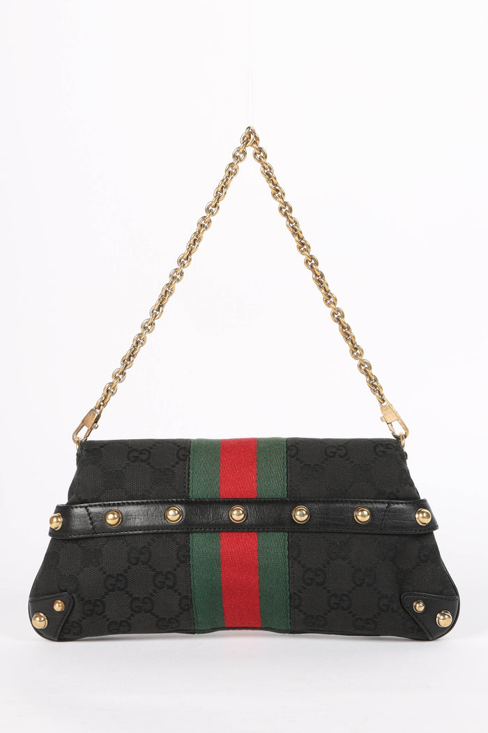 Vintage Gucci Black GG Monogram Horsebit Shoulder Bag