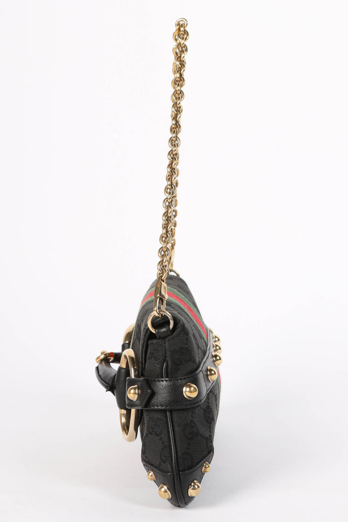Vintage Gucci Black GG Monogram Horsebit Shoulder Bag