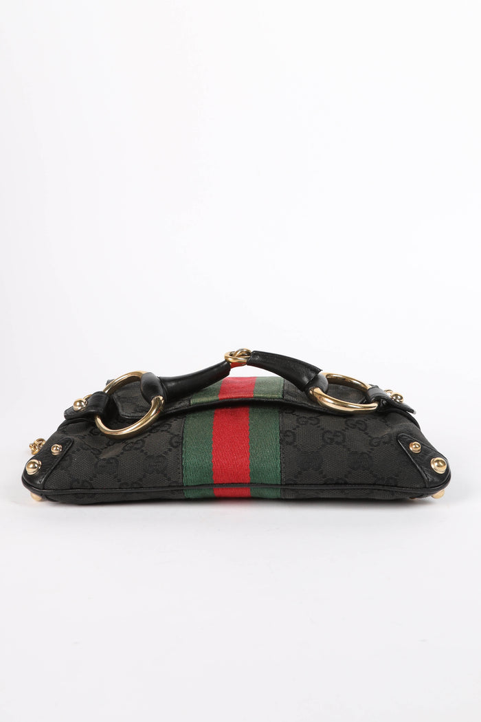 Vintage Gucci Black GG Monogram Horsebit Shoulder Bag
