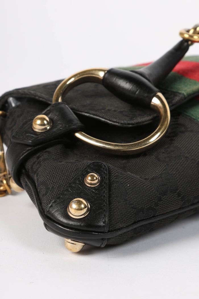Vintage Gucci Black GG Monogram Horsebit Shoulder Bag