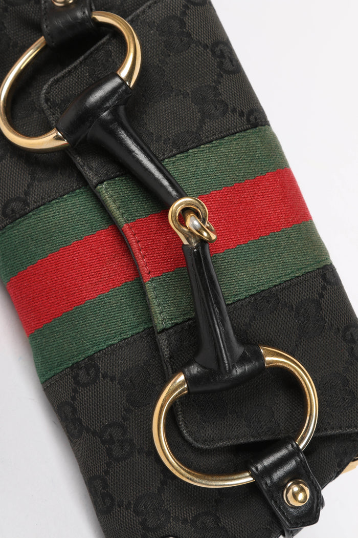 Vintage Gucci Black GG Monogram Horsebit Shoulder Bag