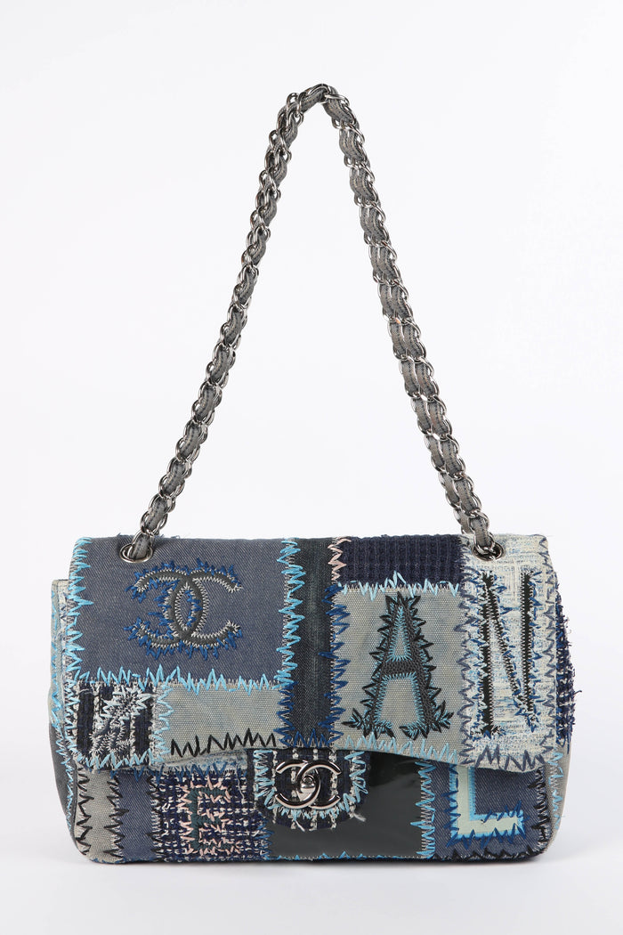 RARE 2010s Chanel Denim Patchwork Jumbo Flap Shoulder Bag