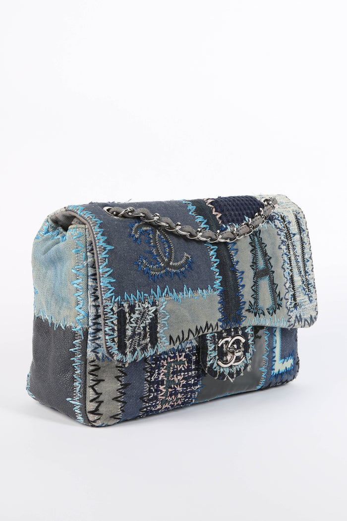 RARE 2010s Chanel Denim Patchwork Jumbo Flap Shoulder Bag