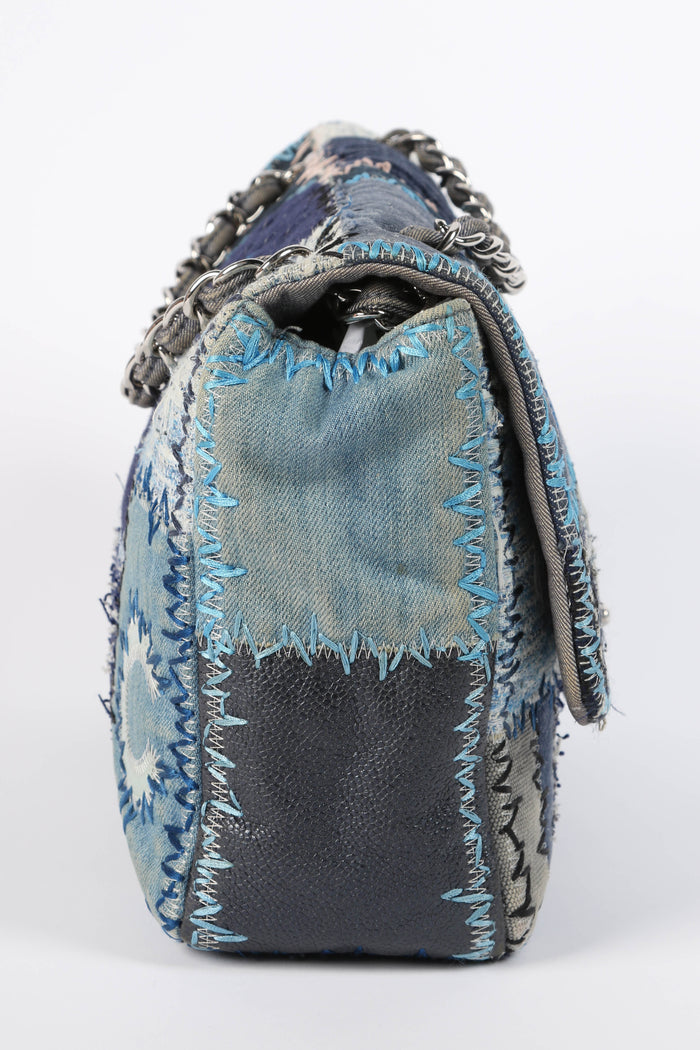 RARE 2010s Chanel Denim Patchwork Jumbo Flap Shoulder Bag