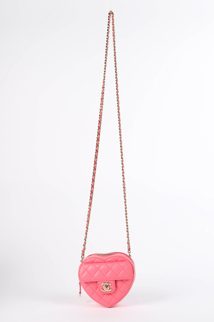 RARE 2022 Chanel Pink Lambskin Leather Small Heart Cross Body Bag