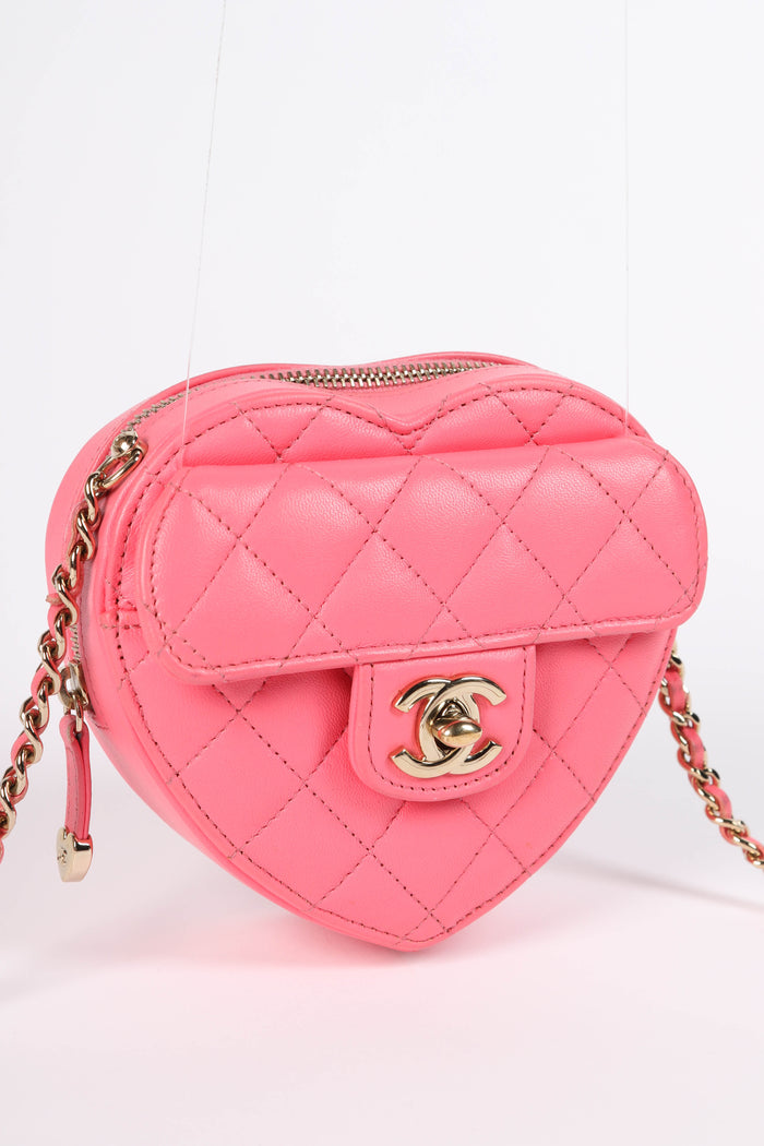 RARE 2022 Chanel Pink Lambskin Leather Small Heart Cross Body Bag