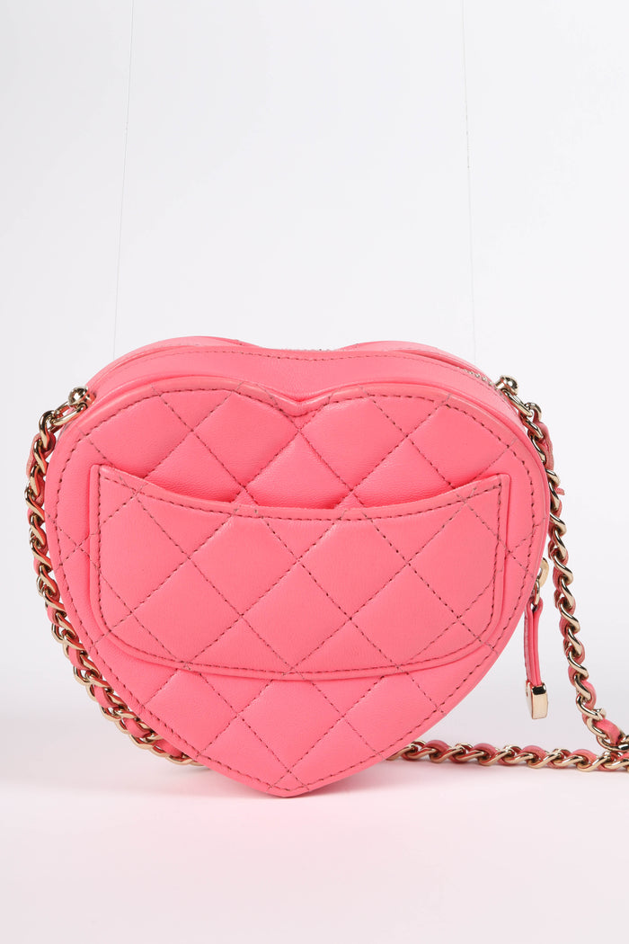 RARE 2022 Chanel Pink Lambskin Leather Small Heart Cross Body Bag