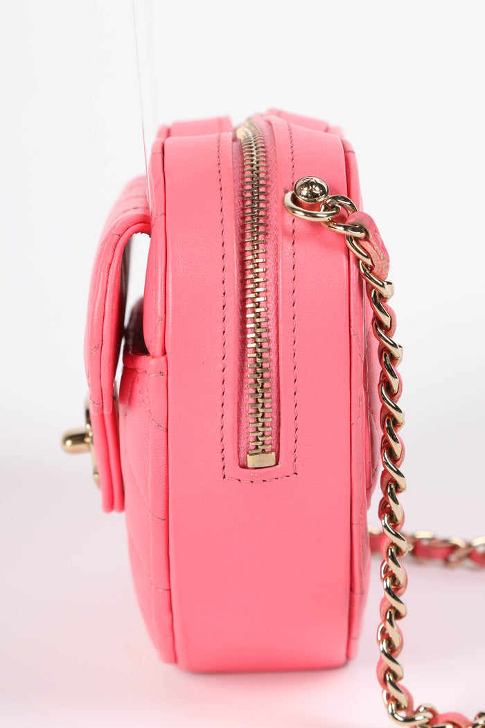 RARE 2022 Chanel Pink Lambskin Leather Small Heart Cross Body Bag