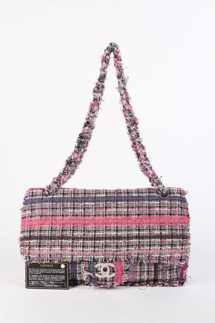 2000s Chanel Pink Ribbon Tweed Large Double Flap Shoulder Bag