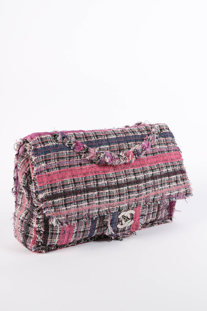 2000s Chanel Pink Ribbon Tweed Large Double Flap Shoulder Bag