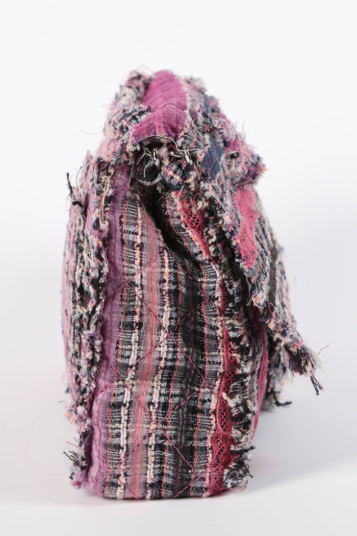 2000s Chanel Pink Ribbon Tweed Large Double Flap Shoulder Bag