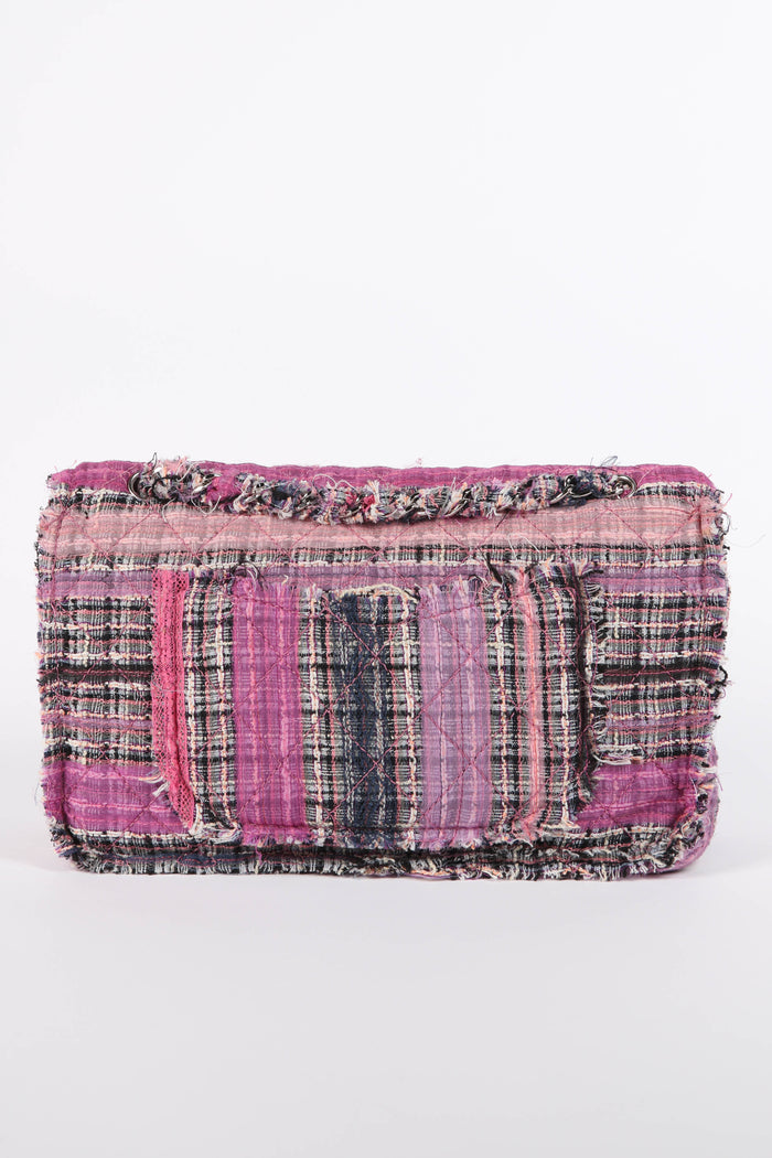 2000s Chanel Pink Ribbon Tweed Large Double Flap Shoulder Bag