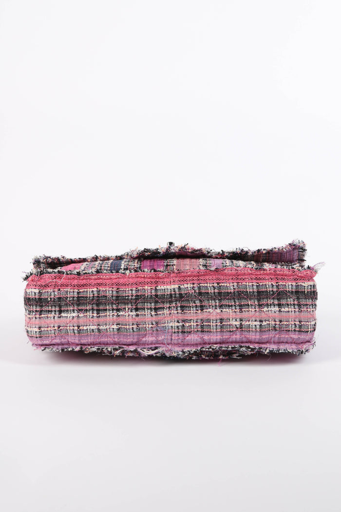 2000s Chanel Pink Ribbon Tweed Large Double Flap Shoulder Bag