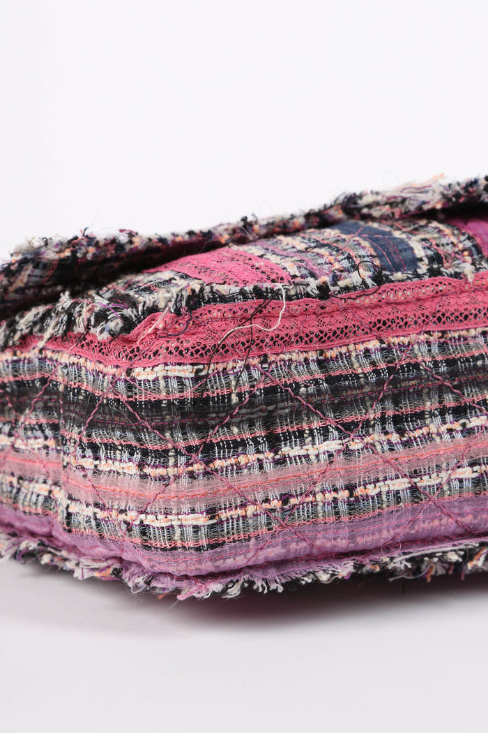 2000s Chanel Pink Ribbon Tweed Large Double Flap Shoulder Bag