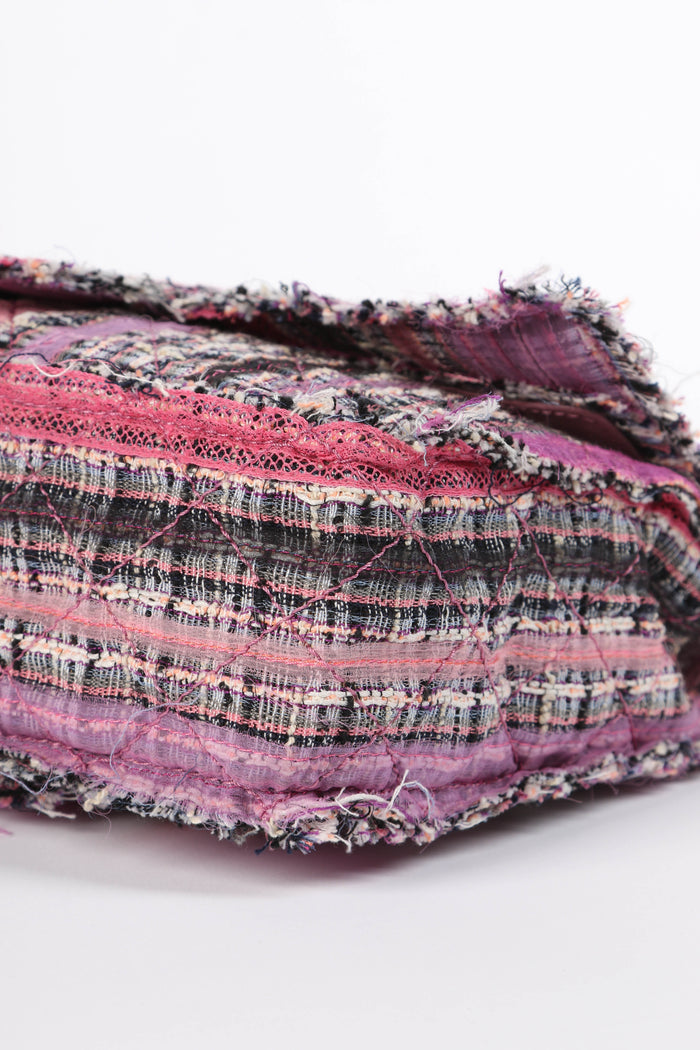2000s Chanel Pink Ribbon Tweed Large Double Flap Shoulder Bag