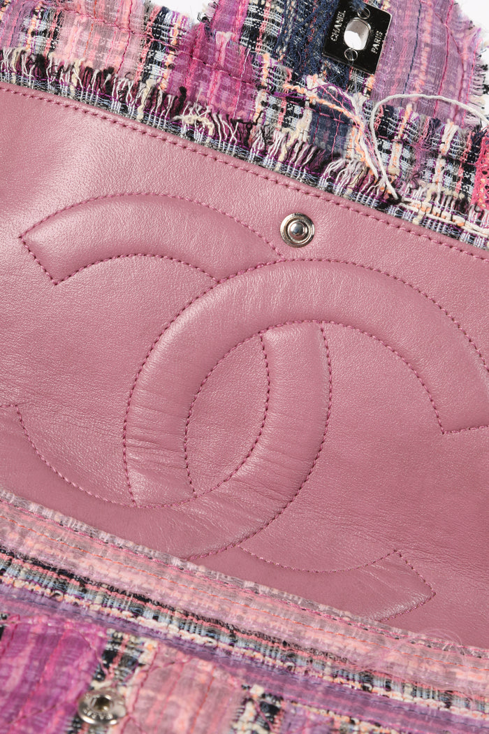 2000s Chanel Pink Ribbon Tweed Large Double Flap Shoulder Bag
