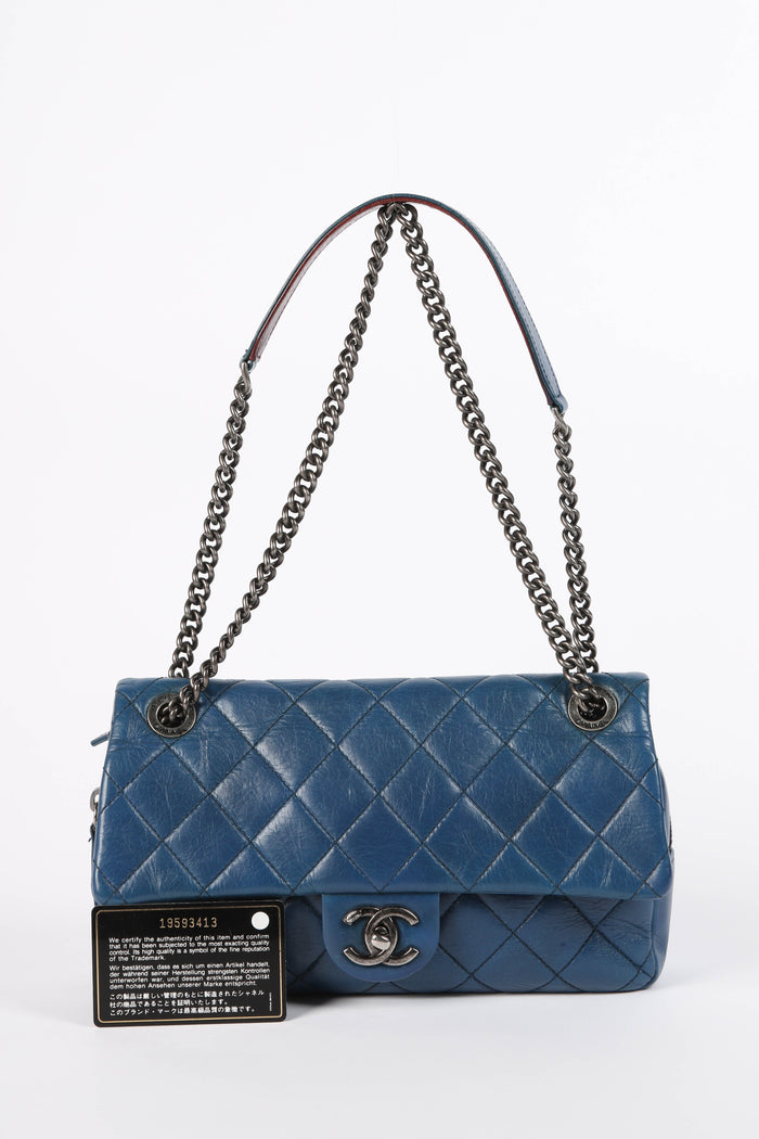 2010s Chanel Blue Aged Calfskin Medium Single Flap Shoulder Bag