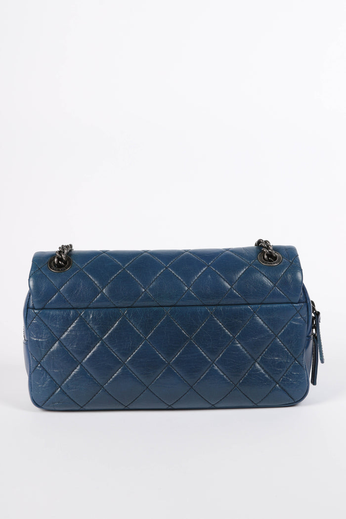 2010s Chanel Blue Aged Calfskin Medium Single Flap Shoulder Bag
