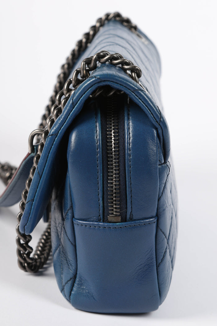 2010s Chanel Blue Aged Calfskin Medium Single Flap Shoulder Bag