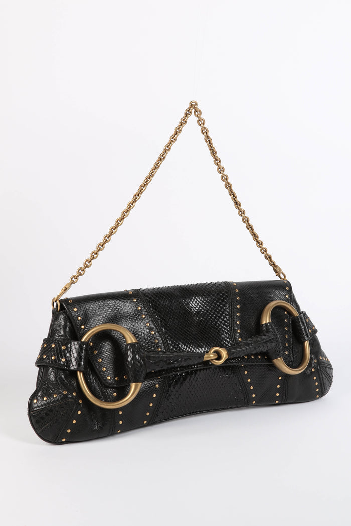 SUPER RARE 2000s Gucci Black Snakeskin Large Horsesbit Shoulder Bag