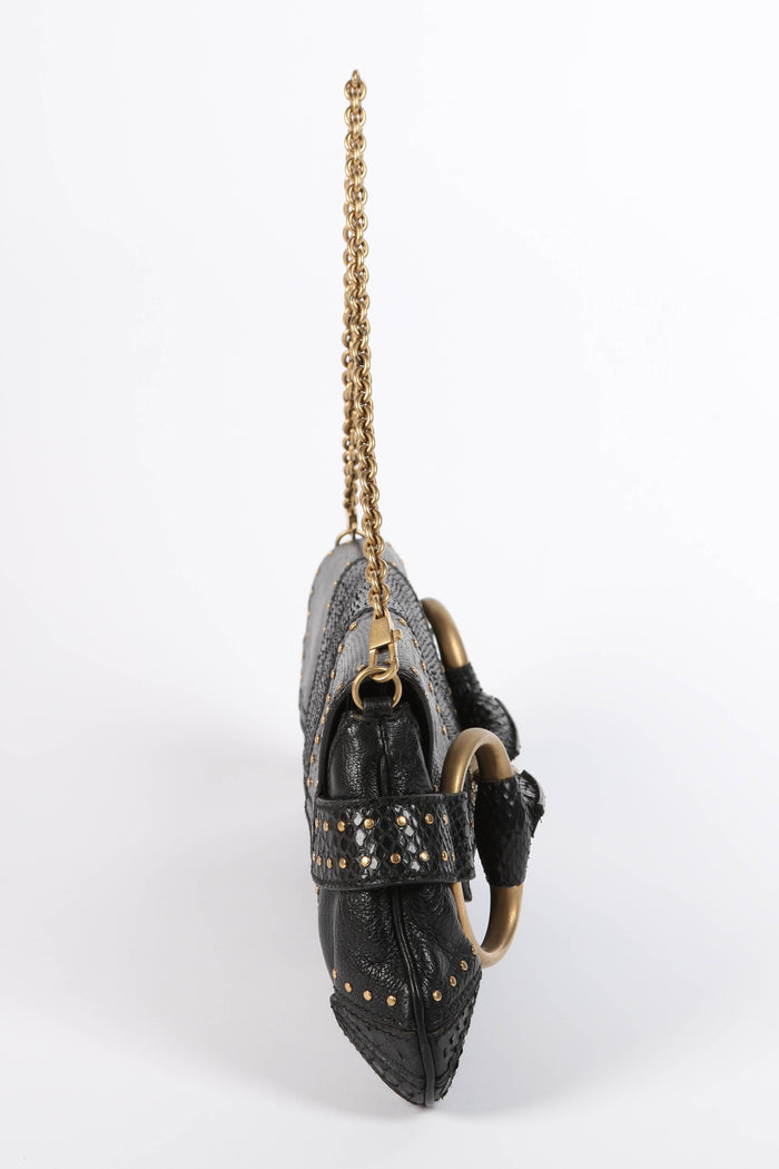 SUPER RARE 2000s Gucci Black Snakeskin Large Horsesbit Shoulder Bag