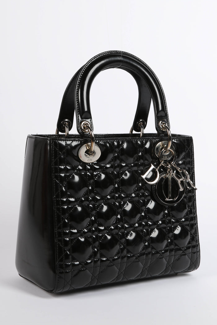 2010s Christian Dior Black Patent Leather Medium Lady Dior