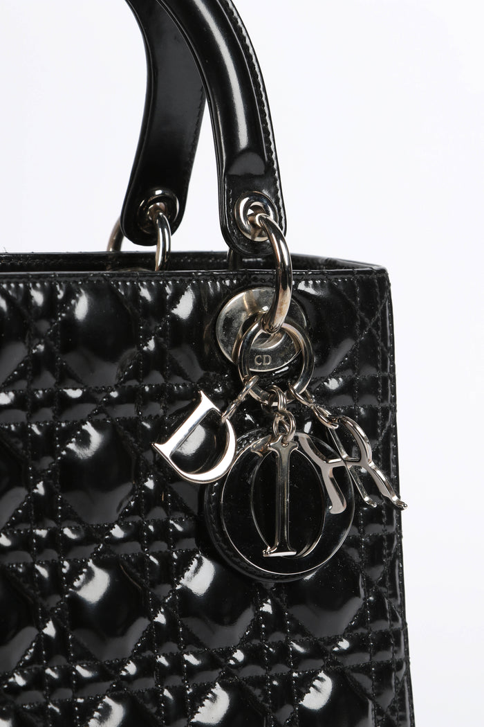 2010s Christian Dior Black Patent Leather Medium Lady Dior