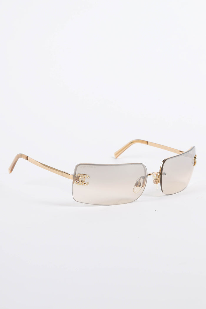 2000s Chanel Gold Gradient Rectangular Diamanté CC Sunglasses
